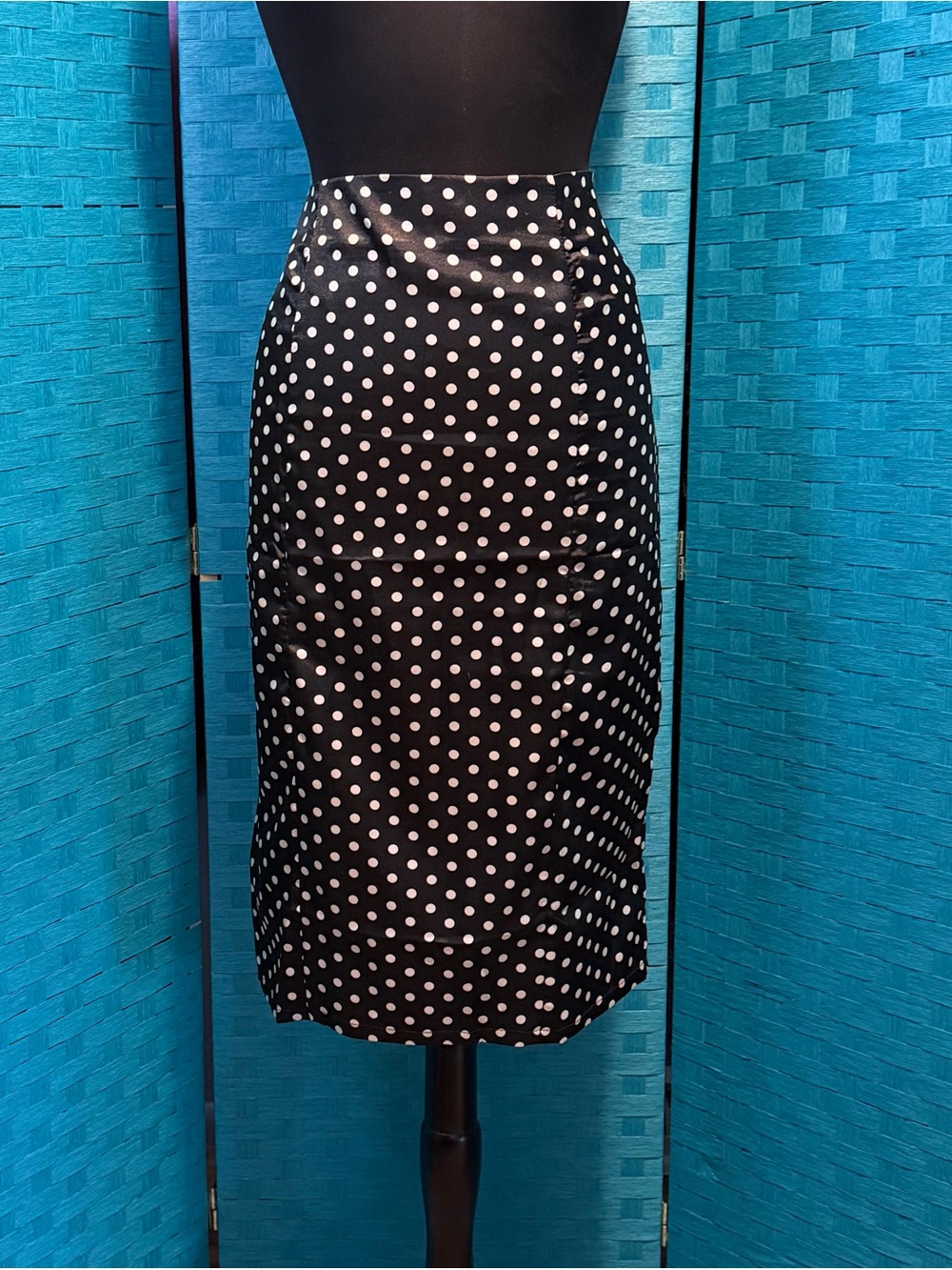 Retro Satin Pencil Skirt With Buttons Black And White Polka Dots